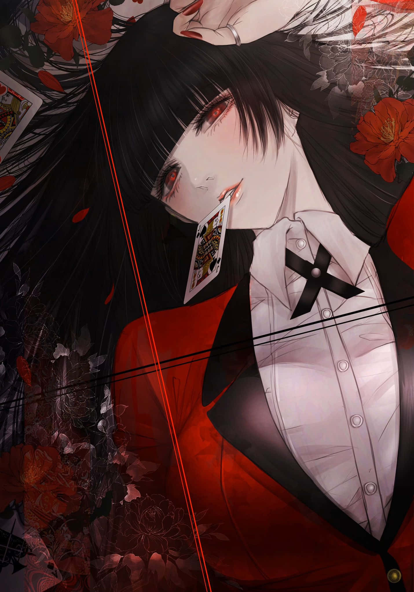 Kakegurui主角Yumeko Jabami參與高風險賭局 壁紙 — 一位黑髮紅眼的動漫女孩在飄落的紅花和漂浮的紙牌中將一張撲克牌貼在唇邊。