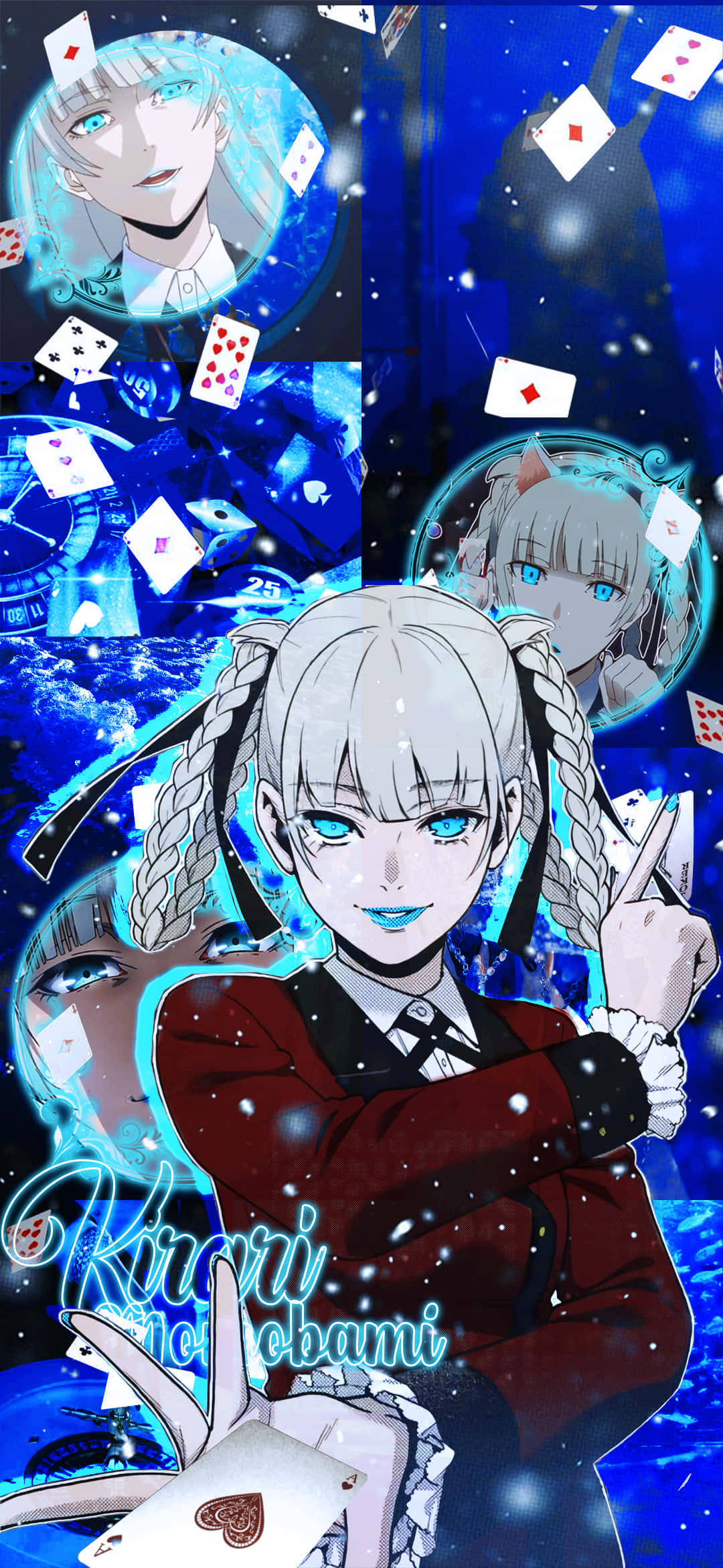 Kakegurui主角Yumeko Jabami的戲劇性肖像 壁紙 — 動漫女孩，白色辮子，藍色眼睛，在宇宙藍色背景下手持撲克牌，周圍有漂浮的牌面和發光球體。