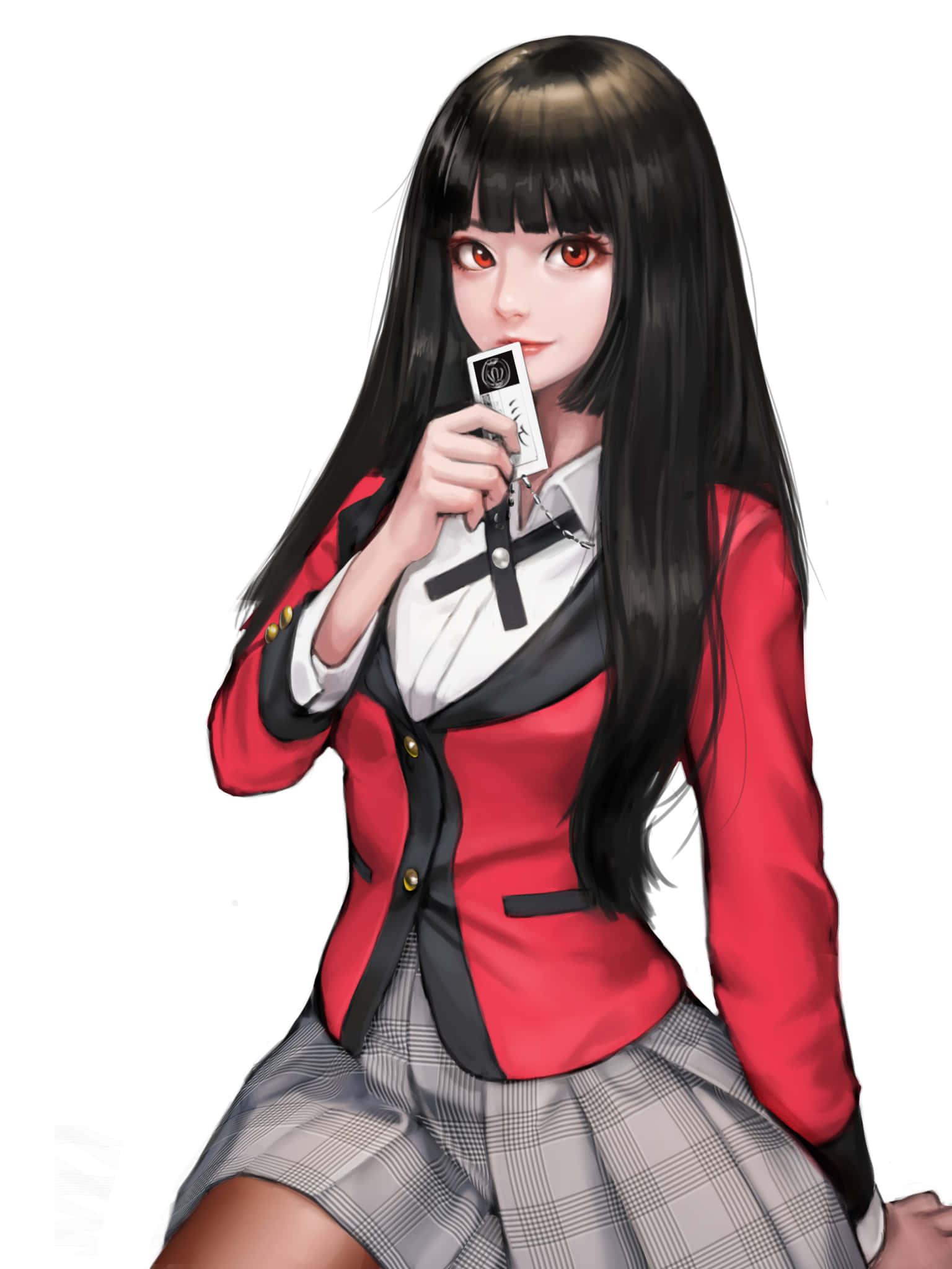 Kakegurui動畫中的高風險情感對決 壁紙 — 一個風格化的動漫女孩，長長的黑髮和紅色的眼睛，拿著一張卡片靠近嘴唇，穿著紅黑相間的校服。