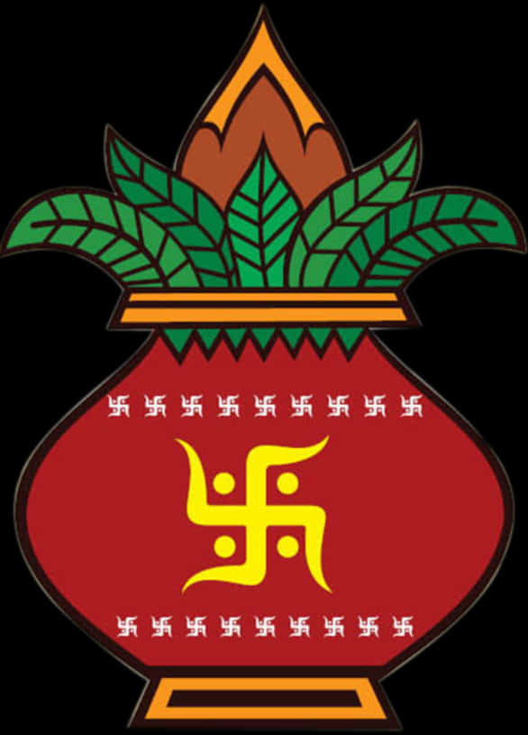 Kalash與卐字及葉片圖案 壁紙 — 一個風格化的紅色花瓶，帶有綠色葉子和黃色卍字符號，背景為黑色。