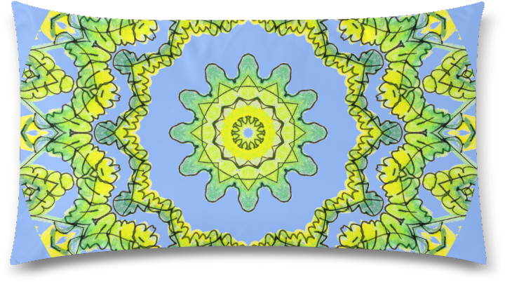 青蔥色 Kaleidoscope 毯子設計 壁紙 — 一個枕頭在淺藍色背景上呈現充滿活力的綠色和黃色樹葉曼陀羅圖案。