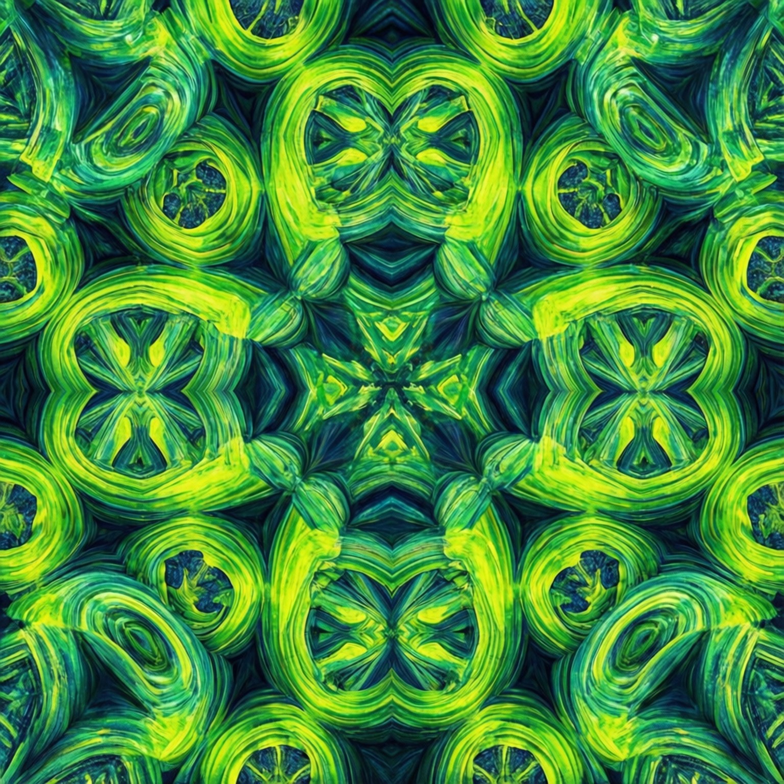 充滿活力的綠色和藍綠色抽象曼陀羅圖案，帶有旋轉的筆觸紋理和對稱的幾何形狀