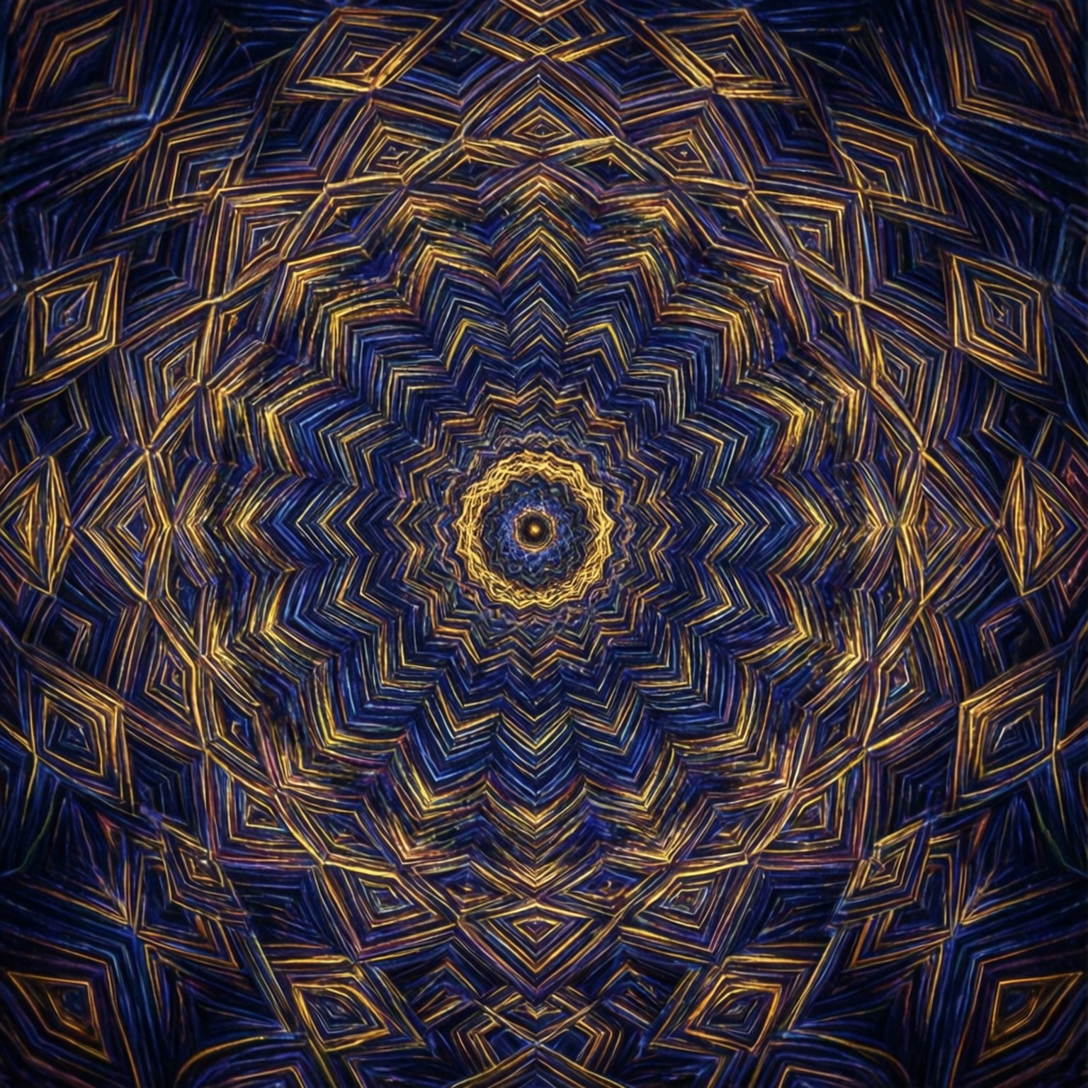 一個光芒四射的幾何曼陀羅，金色和藍色鑽石圖案完美對稱。