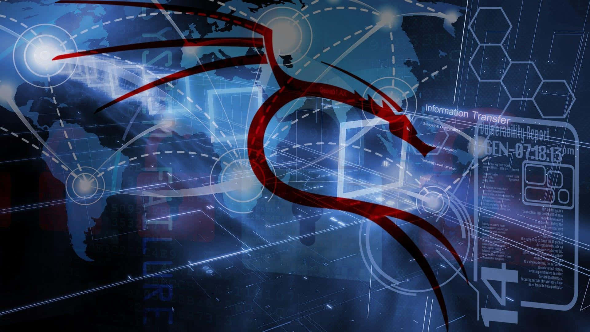 Kali Linux 作業系統 壁紙 — 一條發光的紅龍覆蓋著一個帶有數據流和漏洞報告的數位世界地圖，背景是賽博龐克風格。