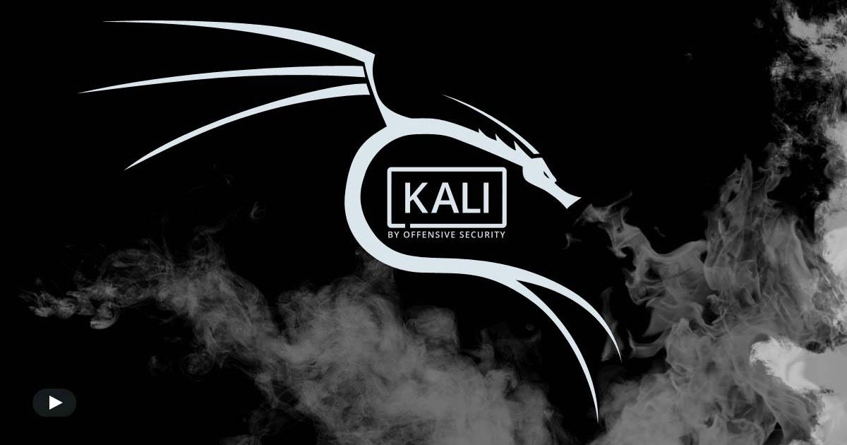 白色龍標誌，帶有 Kali by Offensive Security 文字，被煙霧環繞在黑色背景上。