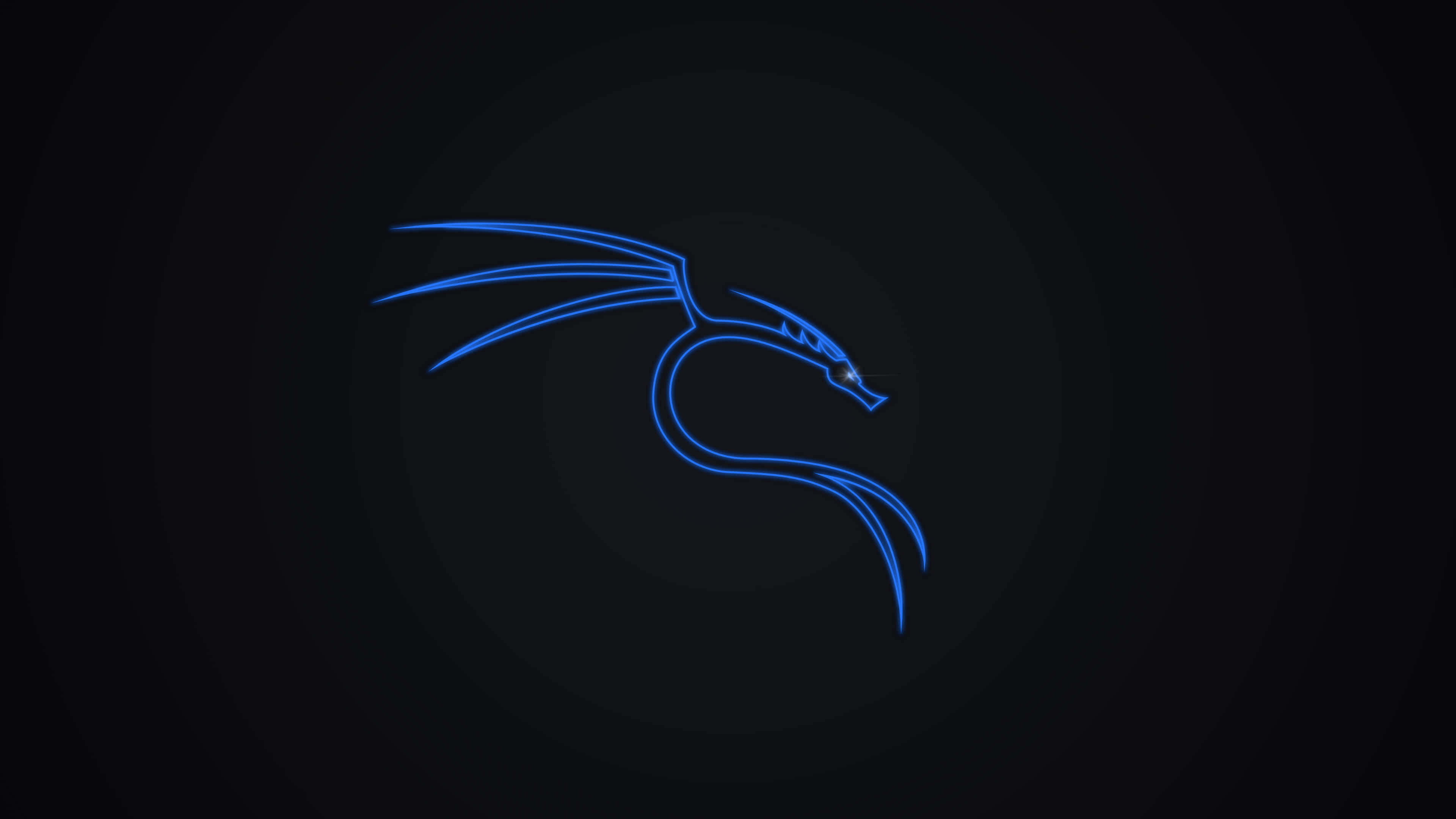 Kali Linux：道德駭客的首選 壁紙 — 發光的藍色龍輪廓在深色漸變背景上發光，帶有微妙的圓形光效。
