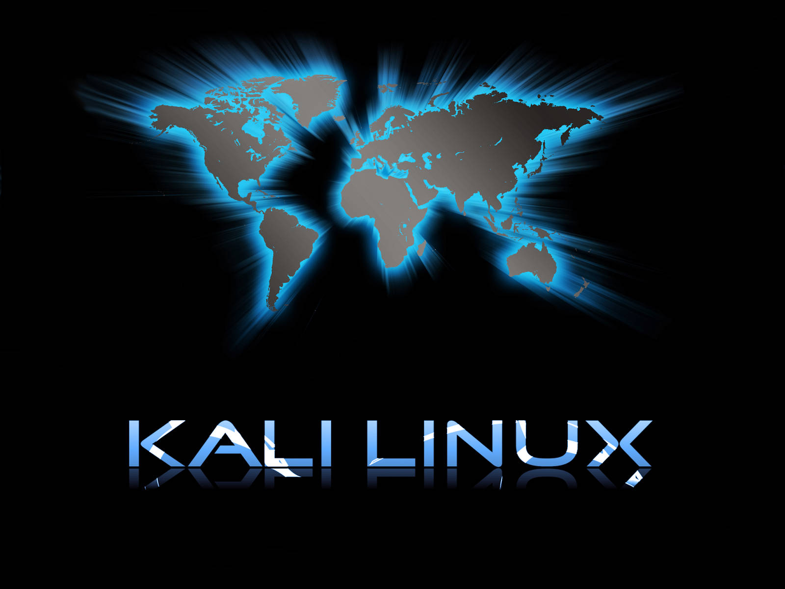 發光的藍色世界地圖，帶有Kali Linux文字，背景為黑色。