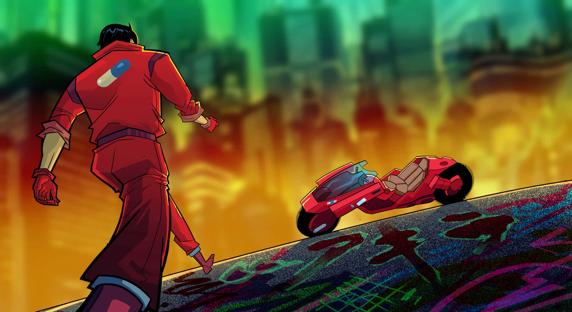 Kaneda 向自行車走去 壁紙 — 一個孤獨的紅色動漫角色站在一輛紅色摩托車旁邊，位於一個佈滿塗鴉的壁架上，背景是火紅的日落城市景觀。