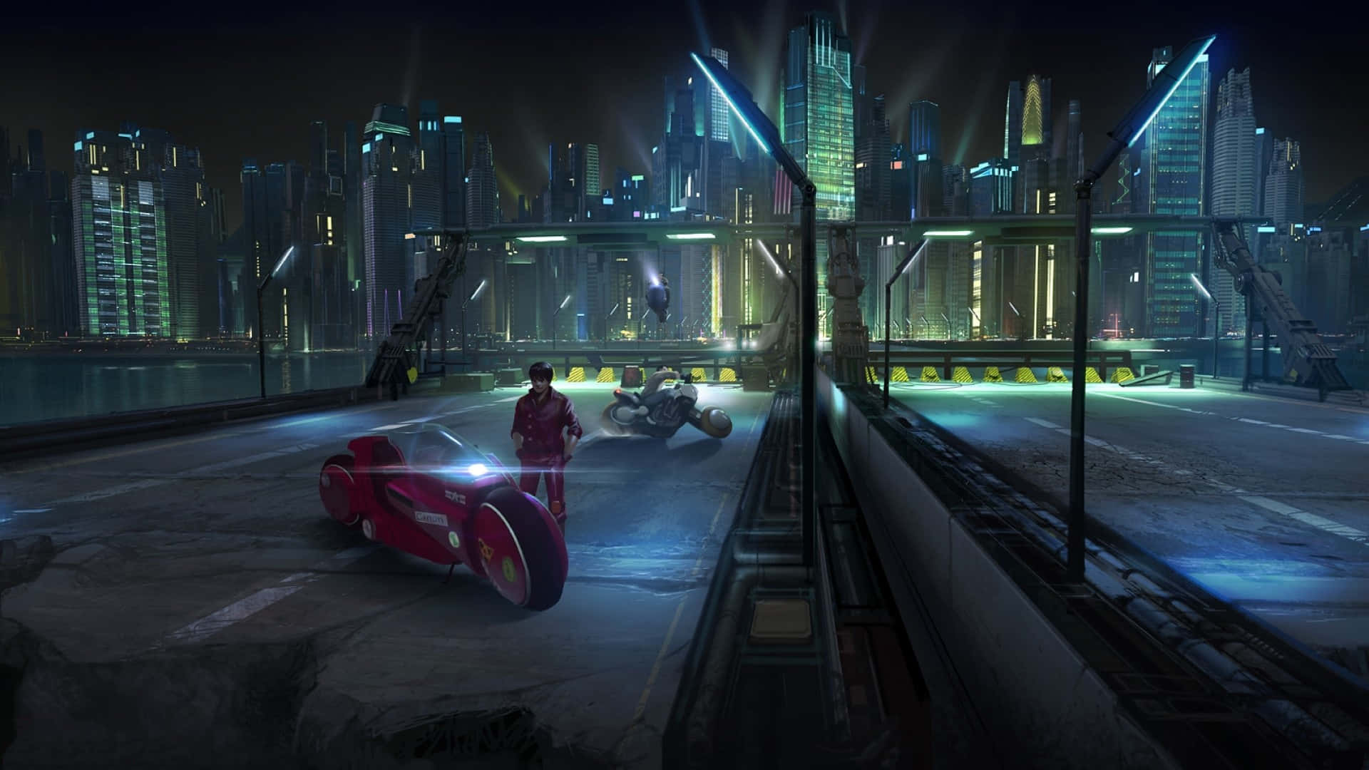 Kaneda 在橋上 壁紙 — 一名身穿紅色衣服的孤獨騎士在夜晚站在霓虹燈照亮未來城市橋樑上，旁邊是一輛發光的紅色電單車。
