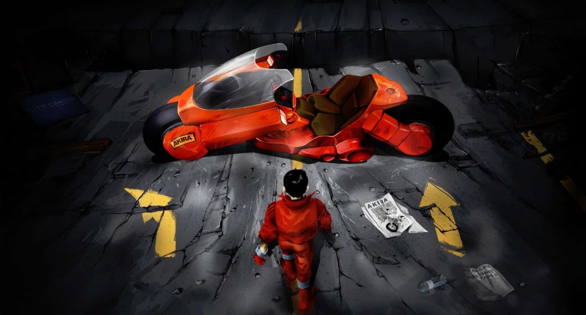 Kaneda 在破損道路上 壁紙 — 一個孤獨的紅色騎士在昏暗的工業燈光下走向一輛未來感的橙色電單車。