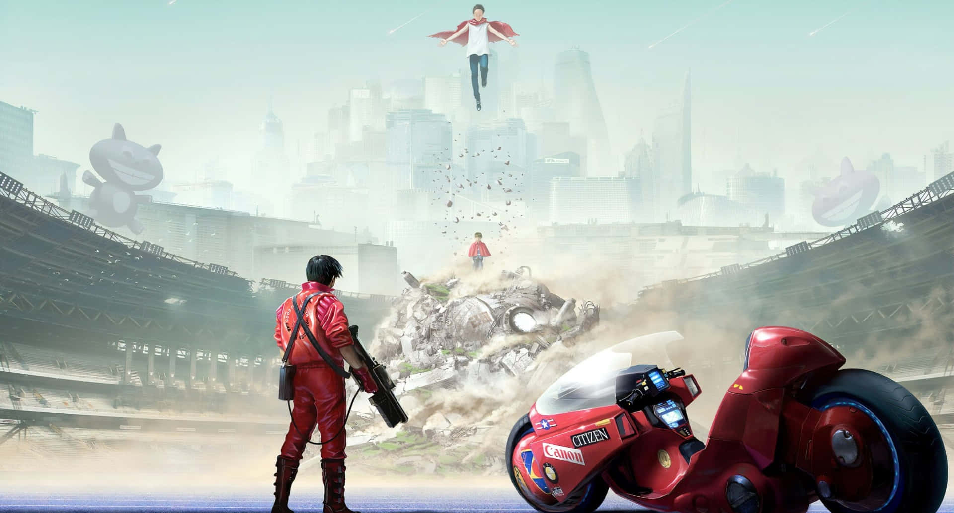 Kaneda 站在毀壞的體育場 壁紙 — 一位身穿紅色賽車服的車手站在一輛未來風格的電單車旁，一個小孩在損毀的電單車上方飛翔，霧氣瀰漫的體育場內有巨型貓咪吉祥物。