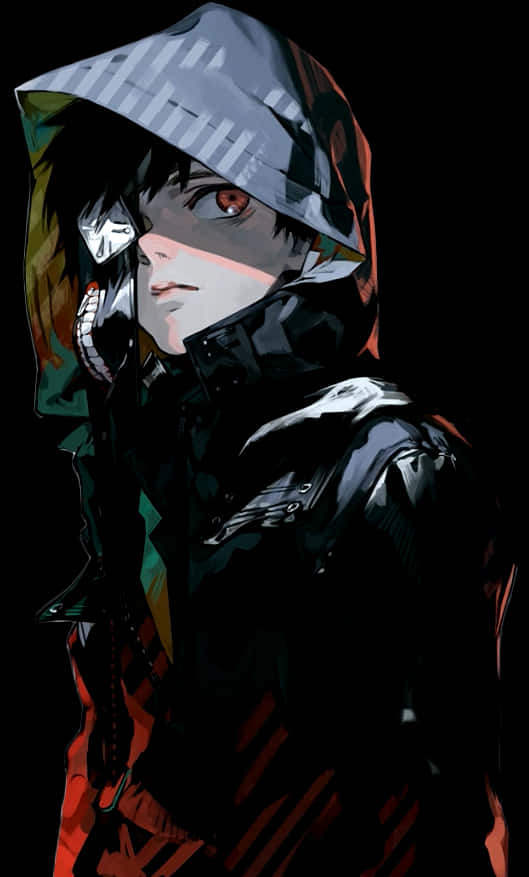 Kaneki 穿連帽衫藝術圖 壁紙 — 一個情緒化的動漫角色，紅眼睛，穿著連帽外套，站在黑色背景前，帶有戲劇性的燈光。