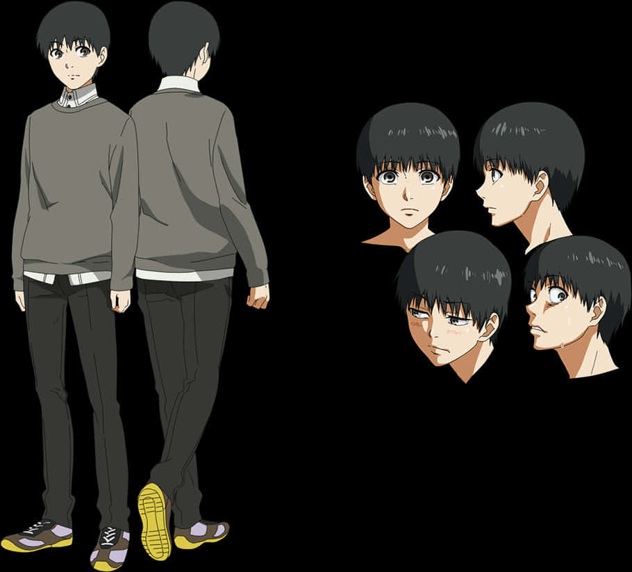 Kaneki 角色參考圖 壁紙 — 動漫角色設計表，顯示全身和多個頭部角度，背景為黑色。