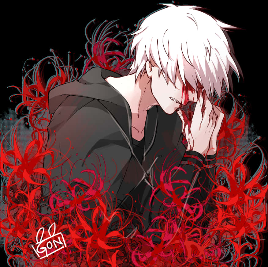 Kaneki 紅色觸手藝術圖 壁紙 — 一個白髮動漫男孩穿著黑色連帽衫，用沾滿血的手遮住臉，周圍盛開著紅色的彼岸花，背景黑暗。