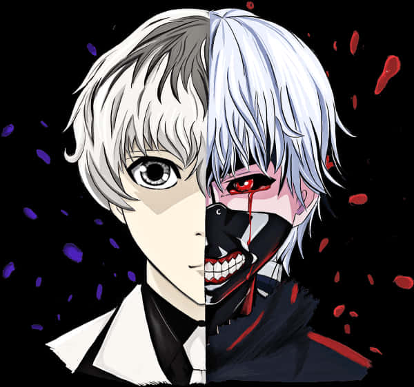 Kaneki 雙重本質藝術圖 壁紙 — 一個分裂面孔的動漫角色，一側平靜，另一側是帶有紅色眼睛和血跡的怪物，背景為黑色。