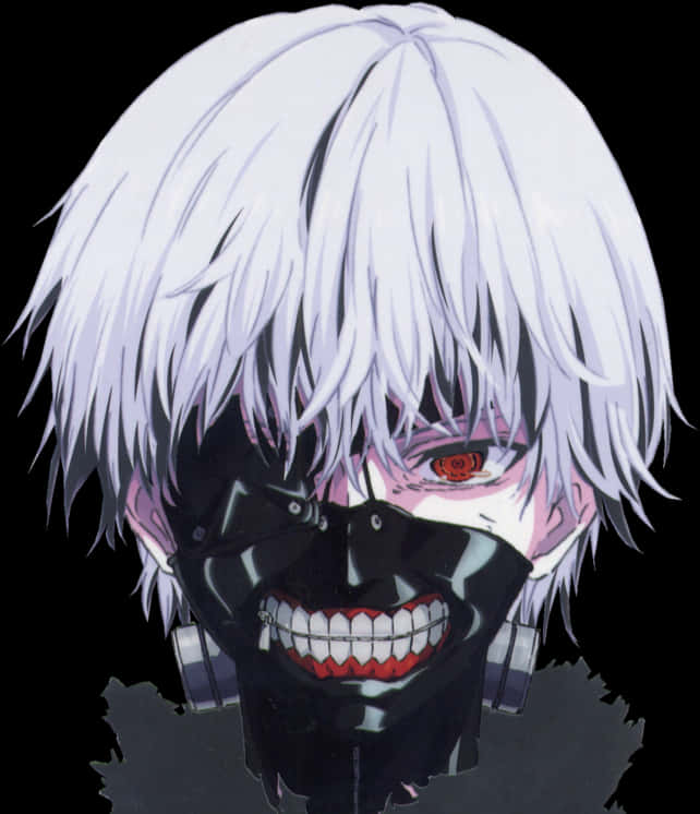 Kaneki Ken 變身東京喰種 壁紙 — 一個帶有白髮和黑色面具的威脅性動漫角色，在黑暗背景下露出鋒利的牙齒和發光的紅色眼睛。