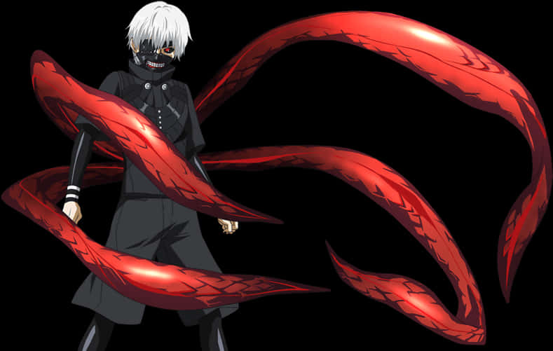 《東京喰種》Kaneki Ken 喰種轉變 壁紙 — 一個戴面具的動漫角色，白色頭髮和紅色蛇形四肢，站在黑色背景前。