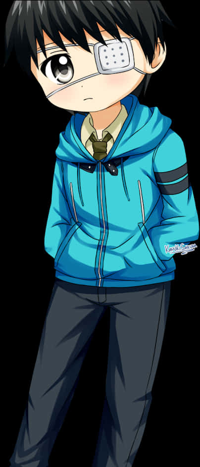 Kaneki Ken 動畫角色 壁紙 — 一個黑髮戴眼罩的Q版動漫男孩站在黑色背景前，穿著藍色連帽衫和深色褲子。