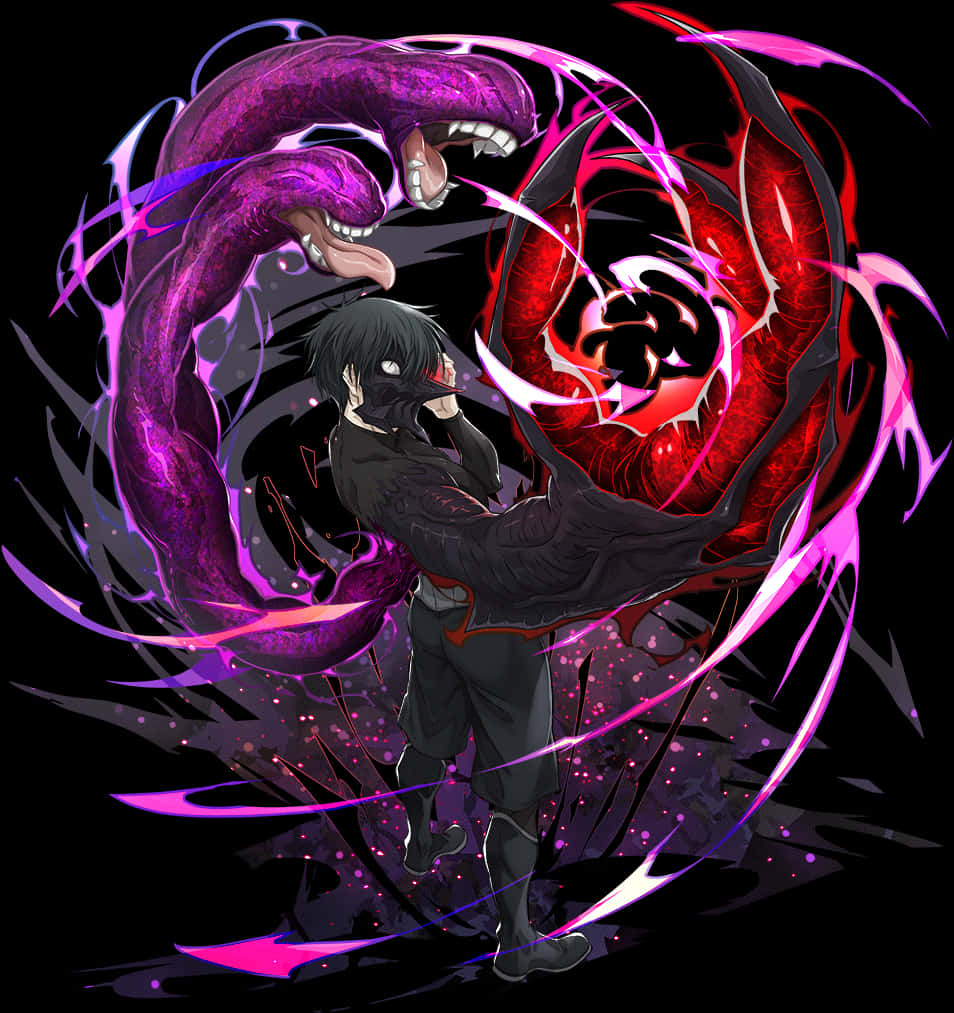 Kaneki Ken 露出強大實力 壁紙 — 一個黑髮動漫角色揮舞著發光的紅紫色惡魔武器，對抗一個旋轉的蛇形實體。