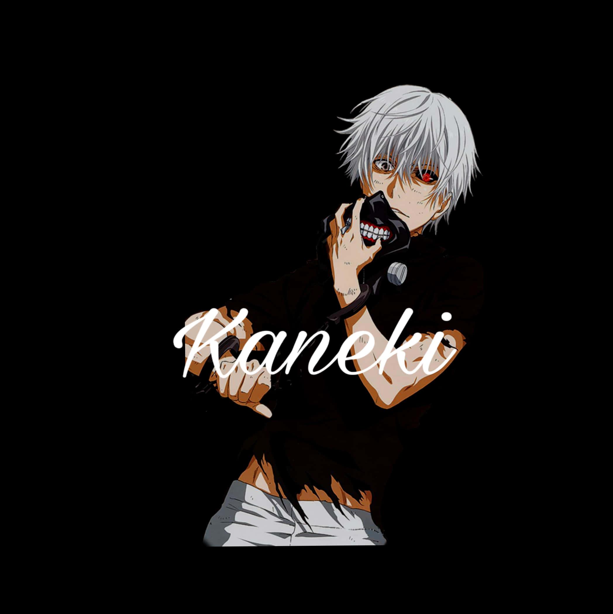 Kaneki Ken 東京喰種角色 壁紙 — 動漫角色金木研，白髮紅眼，手持尖牙面具，背景為黑色。