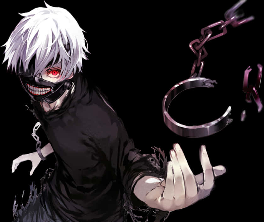Kaneki Ken 東京喰種變身 壁紙 — 一個白髮動漫角色，戴著黑色面具和紅色眼睛，在黑暗背景下揮舞斷裂的鎖鏈。