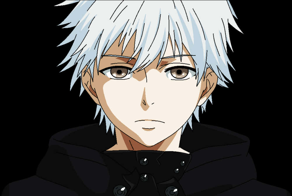 Kaneki Ken 白髮肖像 壁紙 — 一個動漫角色的特寫，擁有尖刺白髮和棕色眼睛，穿著黑色連帽外套，背景為深色。