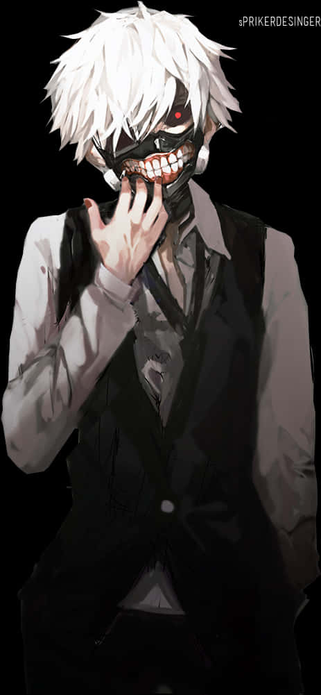 Kaneki Ken 東京喰種變身 壁紙 — 一個帶有白髮和怪異面具的威脅性動漫角色，在黑色背景前觸摸自己的臉。
