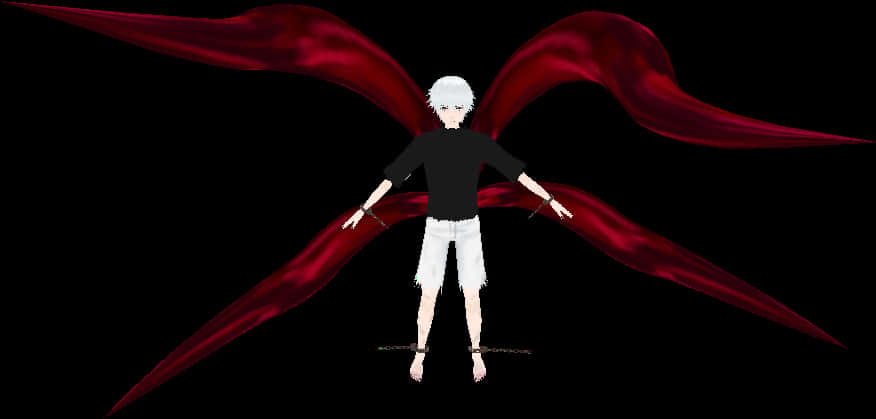 Kaneki Ken 持 Kagune 翅膀 壁紙 — 一個風格化的動漫角色，白髮紅翼，手腳被綁，站在黑色背景前。