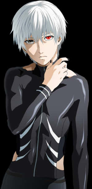 Kaneki Ken 東京喰種角色 壁紙 — 一個銀髮紅眼嘅動漫角色，穿著黑色服裝，喺黑暗背景前擺姿勢。