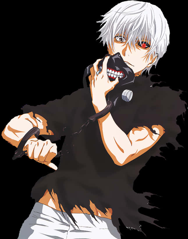 《東京喰種》Kaneki Ken 轉變肖像 壁紙 — 一個白髮紅眼的動漫角色在黑色背景下抓著一個有尖牙的黑色面具。