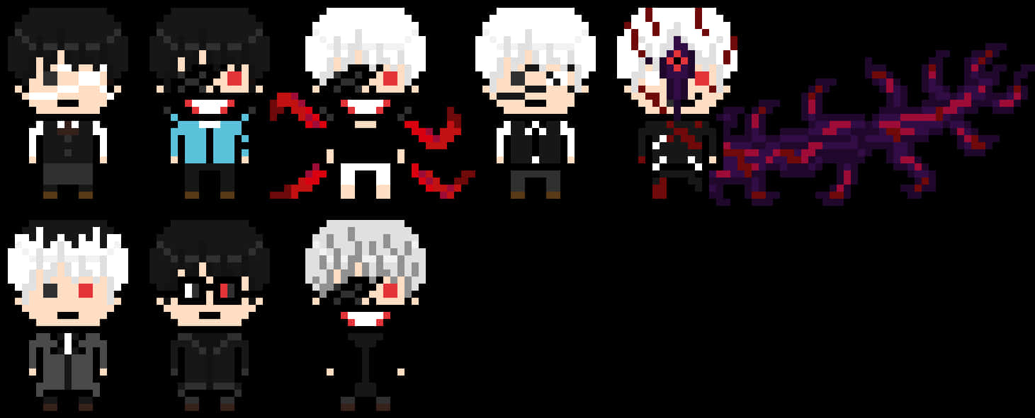 Kaneki Ken 轉變像素藝術 壁紙 — 像素藝術角色，白髮紅眼，身穿深色服裝，在黑色背景前站成一排。