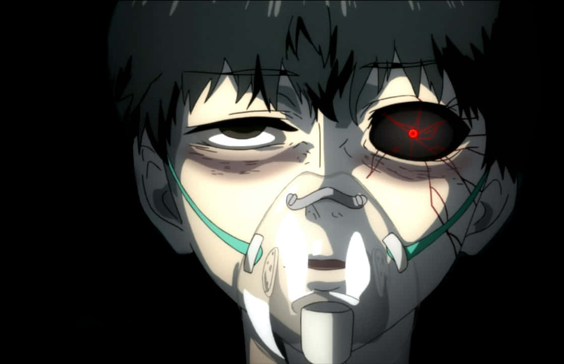 《東京喰種》Kaneki Ken 轉變特寫 壁紙 — 一個動漫角色的特寫，有一隻發光的紅色眼睛和一個醫用口罩，背景為黑色。