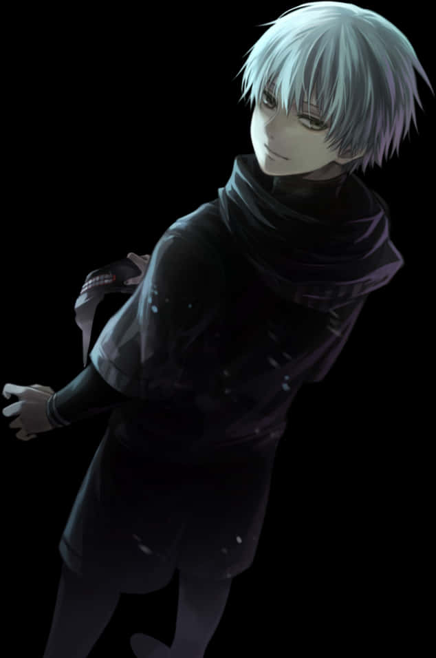 Kaneki Ken 東京喰種肖像 壁紙 — 一個蒼白的動畫男孩，銀色頭髮和深色衣服，在黑色背景前以陰影輪廓站立。