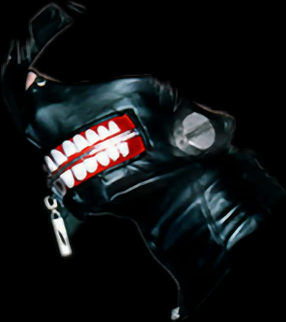 Kaneki Ken 戴面具特寫 壁紙 — 一件帶拉鍊嘴的黑色皮褸，在深色背景上露出鋒利的白色牙齒和紅色內襯，顯得威嚇。
