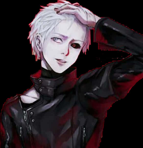 Kaneki Ken 白髮紅眼 壁紙 — 一個風格化的動漫角色，白髮和一隻紅眼睛，舉起手放在頭上，背景為黑色。
