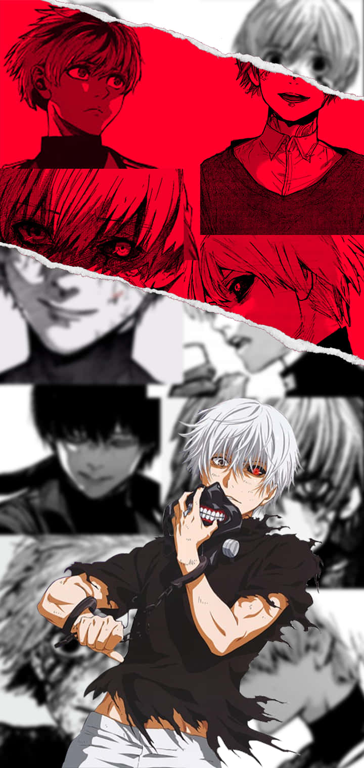 時尚個性化的 Kaneki Phone 壁紙 — 一張帶有撕裂紙張效果和強烈紅黑色彩塊的動漫角色拼貼畫。