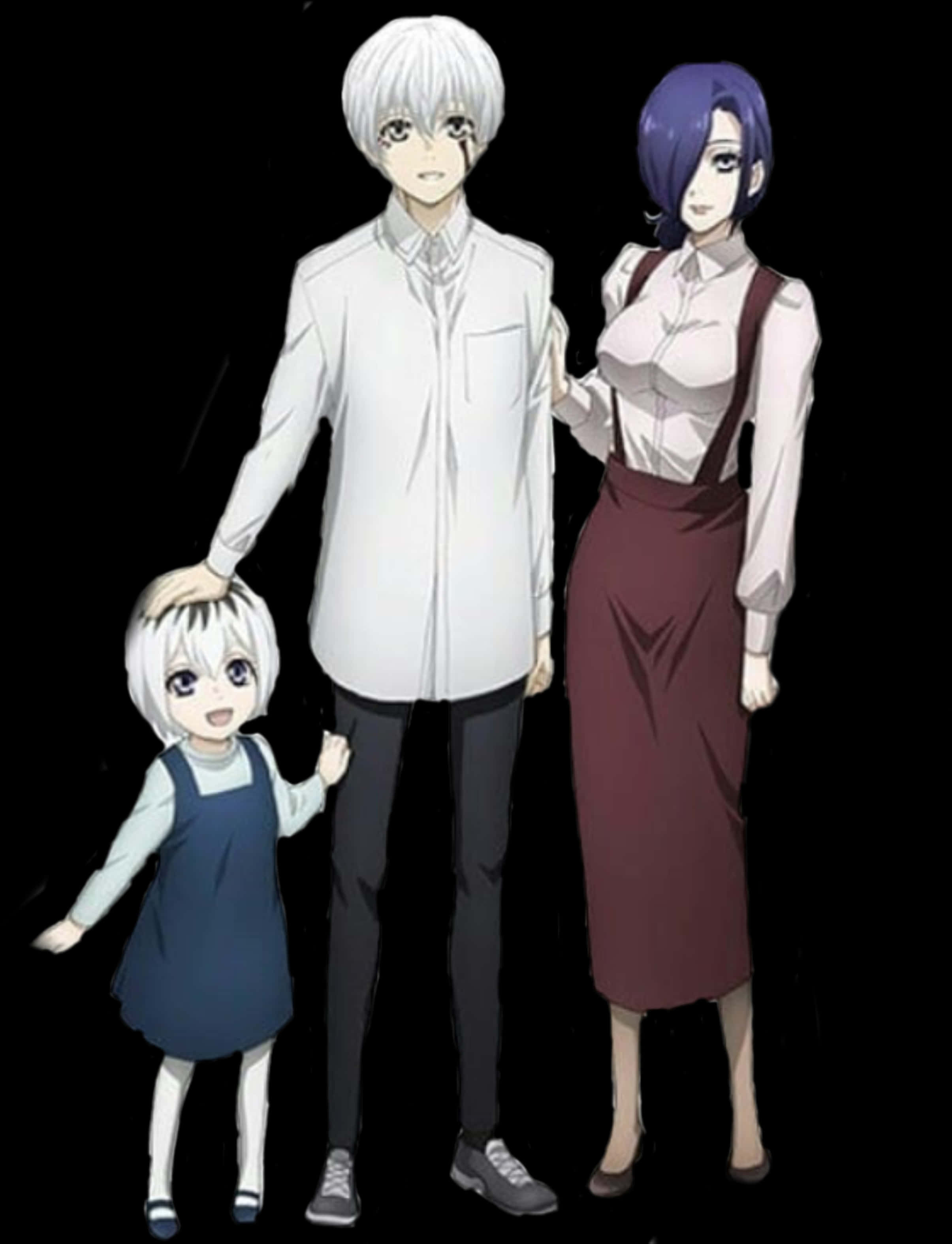 《東京喰種》Kaneki 家族肖像 壁紙 — 三個動漫角色，一個高個子男人、一個女人和一個孩子，一起站在黑色背景前。