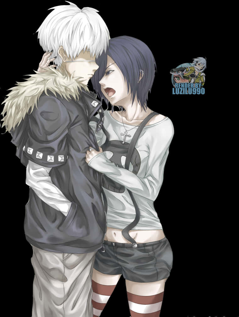 Kaneki 與 Touka 動漫藝術 壁紙 — 一對動漫風格的情侶在純黑背景上熱情擁抱，帶有戲劇性燈光。