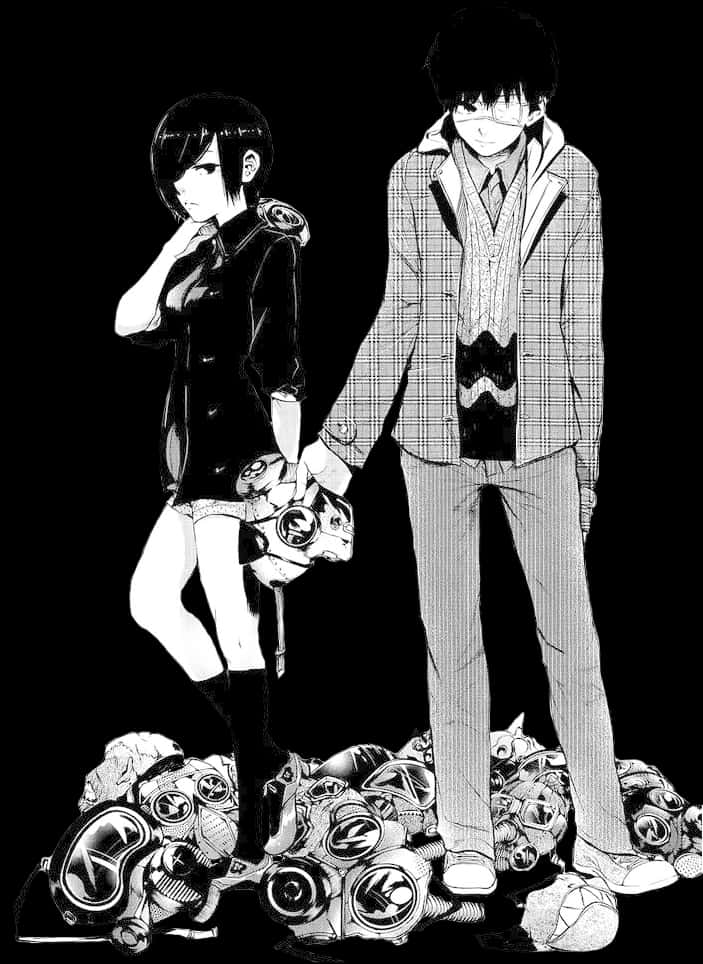 Kaneki與Touka佇立於面具堆上 壁紙 — 兩個動漫角色站在一堆破碎的機械人頭上，手牽手，背景為黑色。