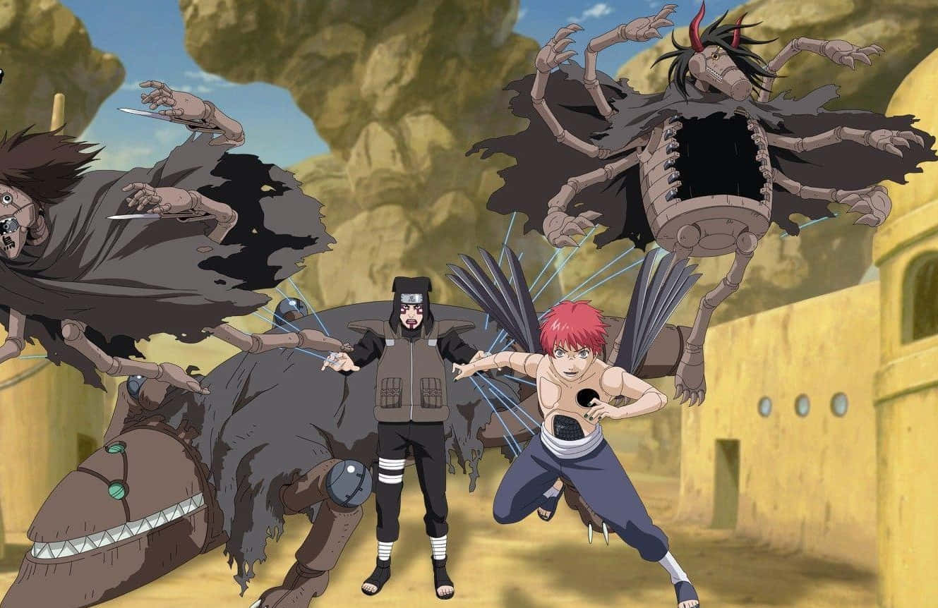 砂隱村傀儡師 Kankuro 壁紙 — 兩名忍者戰士在陽光明媚的沙漠村莊中與怪異的影子生物戰鬥，村莊裡有搖搖欲墜的石頭建築。