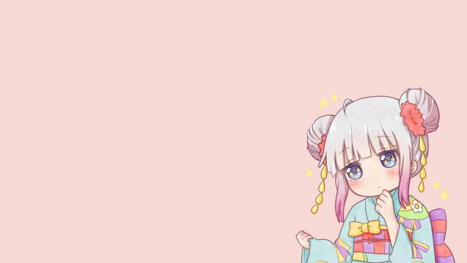 Kanna-chan 的美學動漫頭像 壁紙 — 一個可愛的動漫女孩，銀色頭髮帶有粉紅色點綴，穿著色彩繽紛的和服，在柔和的粉紅色背景前若有所思地擺姿勢。