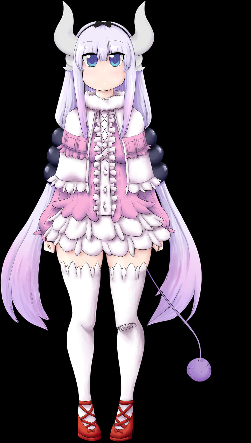 Kanna Kamui 動漫角色 壁紙 — 一個可愛的動漫女孩，紫色頭髮和角，穿著荷葉邊粉紅色和白色服裝，有紫色尾巴，背景為黑色。