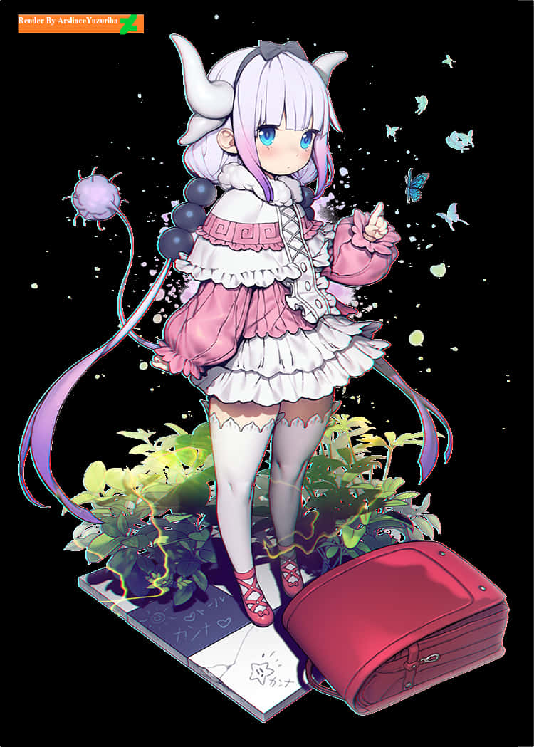 Kanna Kamui 動漫藝術圖像 壁紙 — 一個可愛的動漫女孩，長著白色角和紫色頭髮，站在一本打開的書上，周圍環繞著發光的植物和漂浮的生物，背景是星空黑色。
