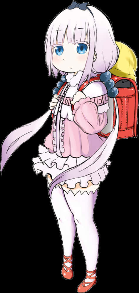 Kanna Kamui 動漫角色 壁紙 — 一個可愛的白髮藍眼動漫女孩，穿著粉紅色荷葉邊服裝，背著紅色背包。