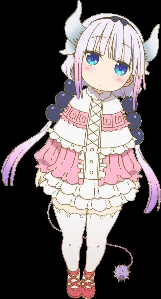 Kanna Kamui 動漫角色 壁紙 — 一個可愛的動漫女孩，白髮藍眼，頭上有小角，穿著粉白相間的荷葉邊連衣裙，尾巴末端有一個紫色絨球。