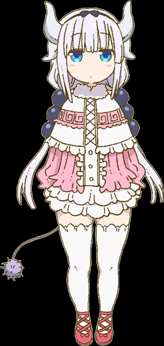 Kanna Kamui 動漫角色 壁紙 — 一個可愛的動漫女孩，白色頭髮，有角，穿著蓬鬆的粉白色連衣裙，站在黑色背景前。