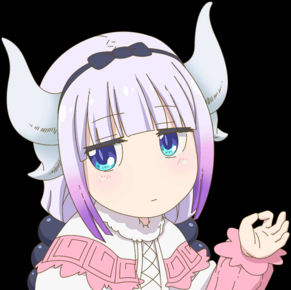 Kanna Kamui 動漫角色 壁紙 — 一個有白色角和紫色頭髮的Q版動漫女孩，穿著粉紅色和白色的服裝，背景為黑色。