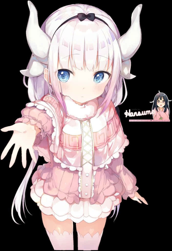 Kanna Kamui 動漫角色插畫 壁紙 — 一個可愛的動漫女孩，長著白色角，穿著粉紅色荷葉邊服裝，站在黑色背景前。