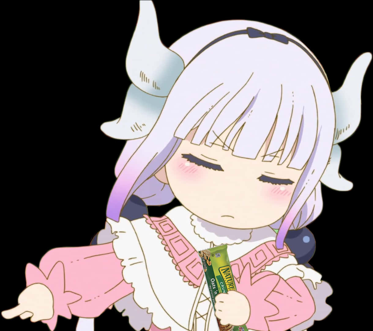 Kanna Kamui 標誌性巧克力噘嘴表情 壁紙 — 一個有白色角和紫色頭髮的Q版動漫女孩，在黑色背景前拿著一條綠色零食棒。