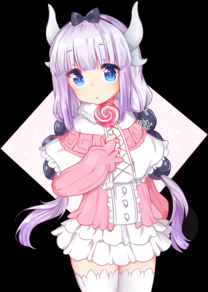 Kanna Kamui 持棒棒糖動漫角色 壁紙 — 一個可愛的動漫女孩，紫色頭髮和角，在黑色背景前拿著粉紅色棒棒糖。